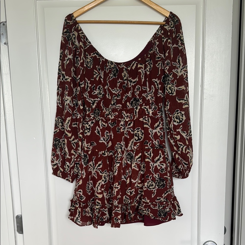 Elegant Burgundy Floral Dress with Ruffle Detail
